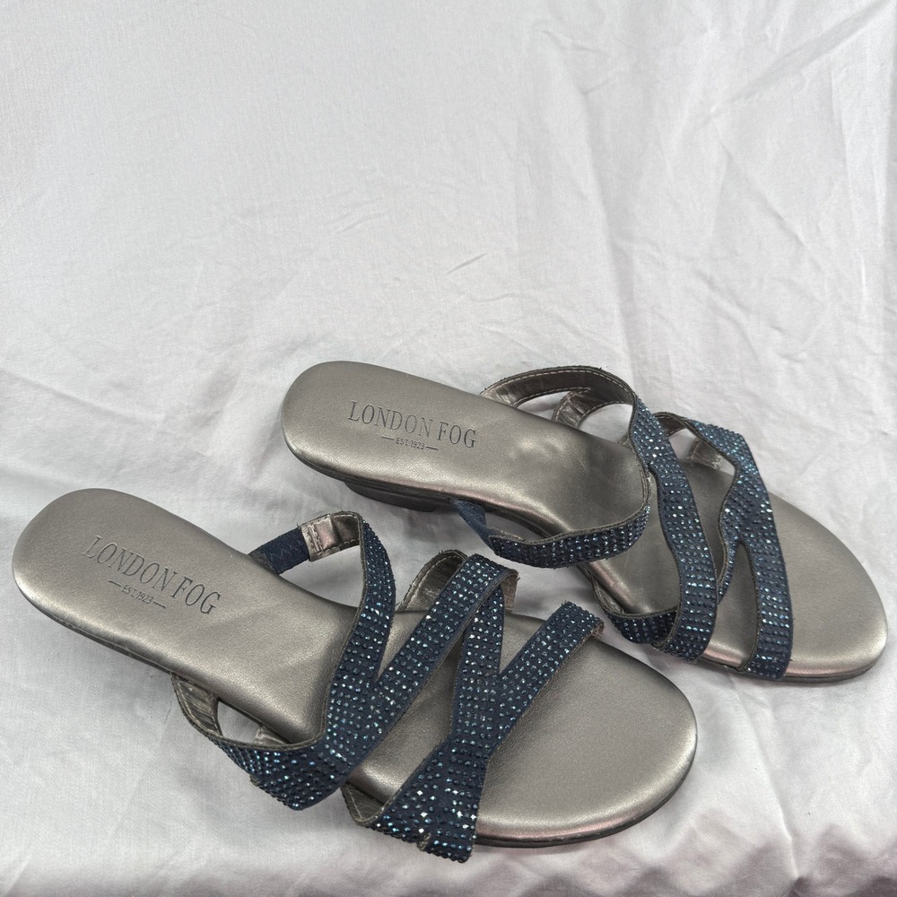 London Fog Ensley Navy Blue Rhinestone Strappy Low Wedge Slide Sandals Womens 7W